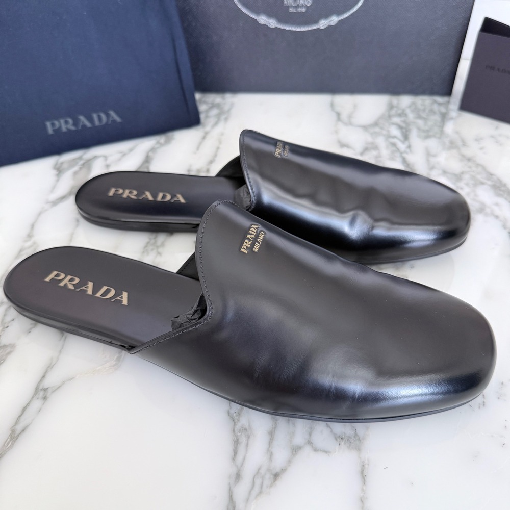 Prada Milano Black Leather Mule Slides Gold Logo Slip On Flat Shoes Mens UK7 - Picture 4 of 13